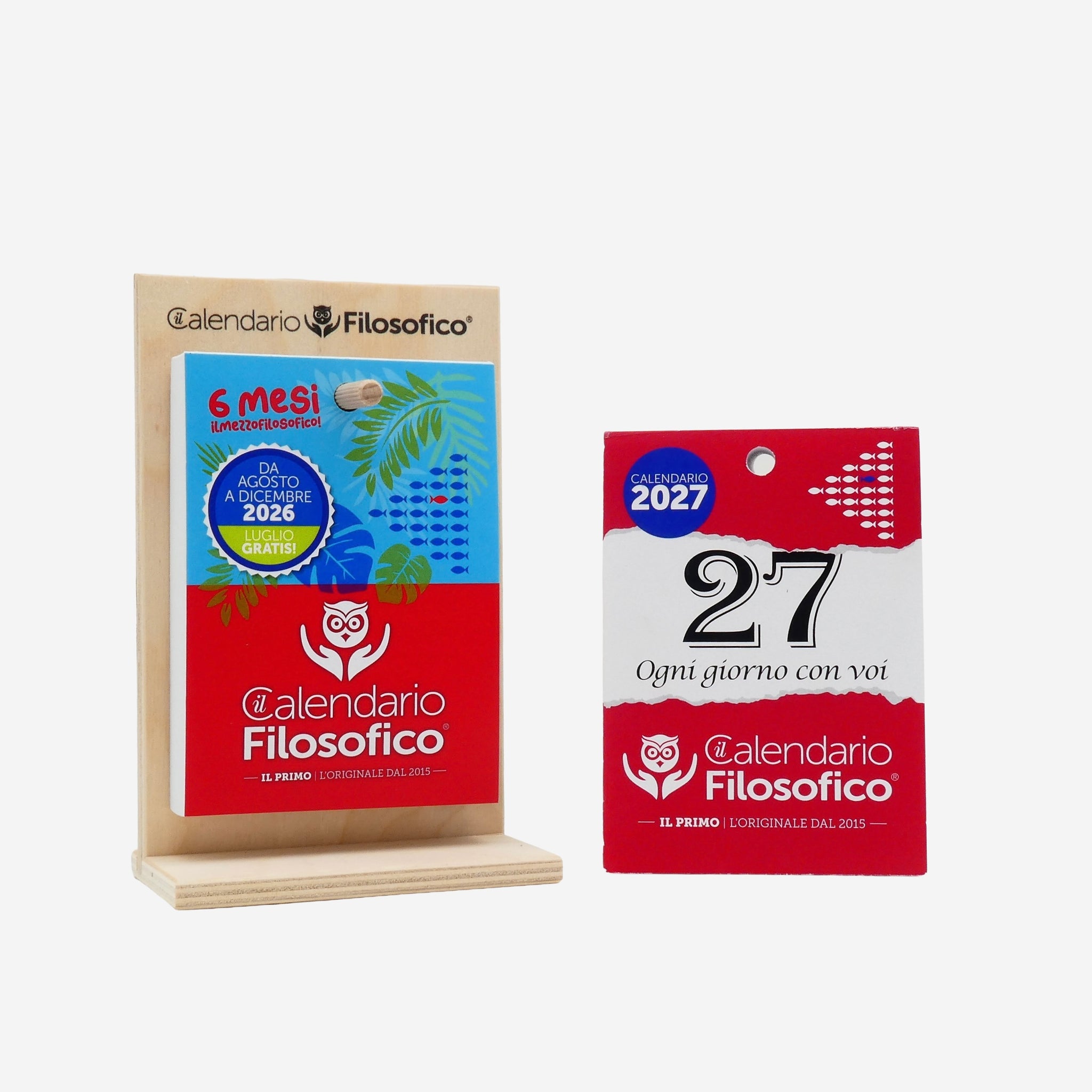 SUMMER PACK - CALENDARIO FILOSOFICO 2027 + ULTIMI 6 MESI 2026 - A6 PICCOLO 10 x 14 CM - CON SUPPORTO IN LEGNO