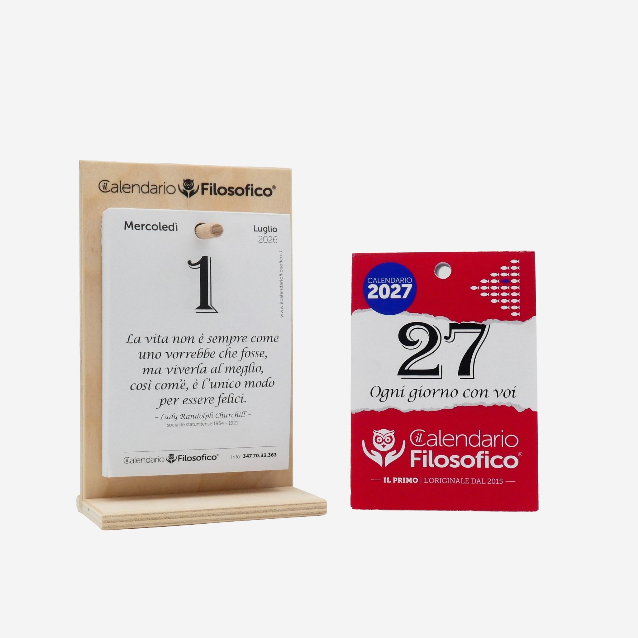 SUMMER PACK - CALENDARIO FILOSOFICO 2027 + ULTIMI 6 MESI 2026 - A6 PICCOLO 10 x 14 CM - CON SUPPORTO IN LEGNO
