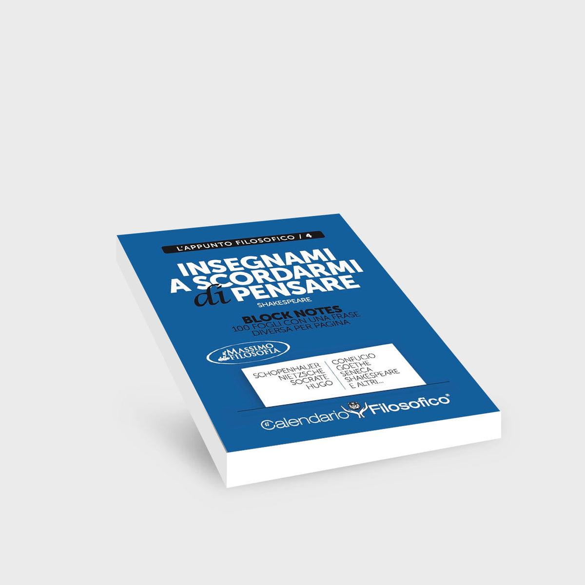 Block notes con copertina blu e frase “Insegnami a scordarmi di pensare”. 100 fogli puntinati con citazioni e riflessioni.