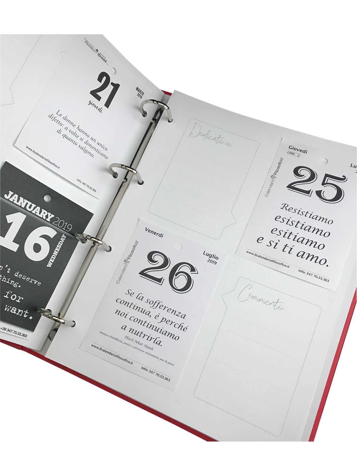 Interno raccoglitore frasi, con inserite le frasi e lo spazio per la dedica.