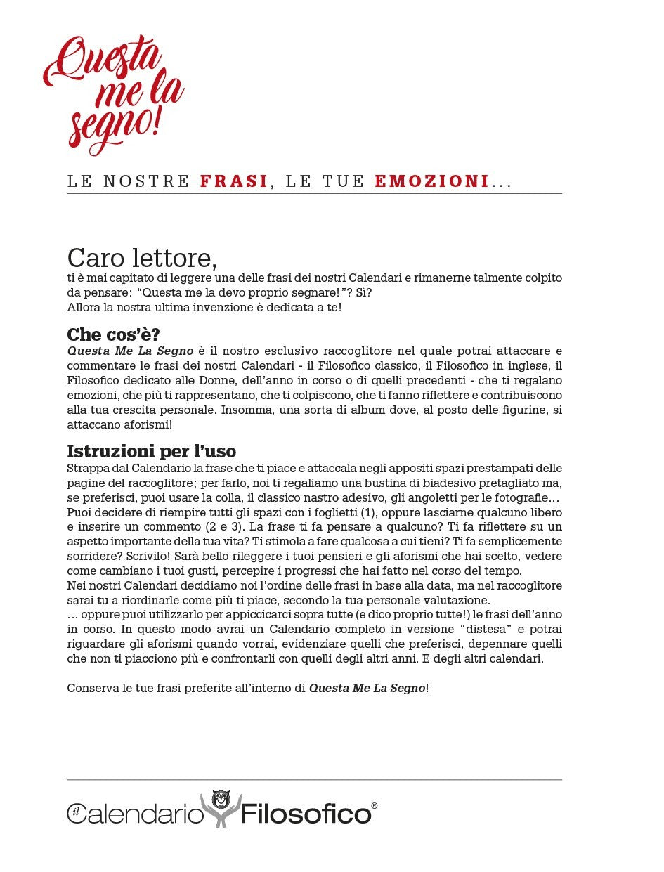 Pagina introduttiva del raccoglitore 'Questa me la segno!' con spiegazione del progetto e istruzioni per l’uso.